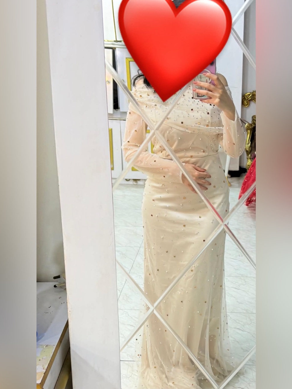 Elegant Cream Beaded Long-Sleeve Evening Dress